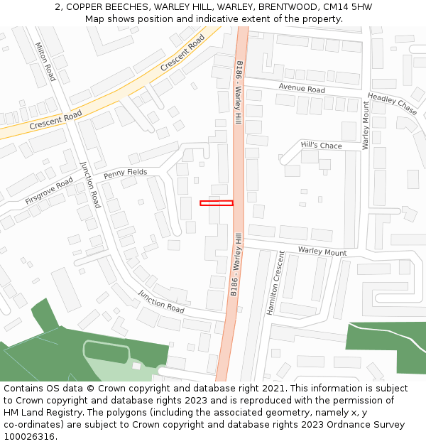 2, COPPER BEECHES, WARLEY HILL, WARLEY, BRENTWOOD, CM14 5HW: Location map and indicative extent of plot