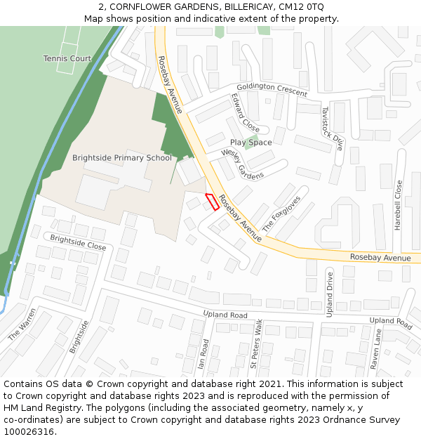 2, CORNFLOWER GARDENS, BILLERICAY, CM12 0TQ: Location map and indicative extent of plot