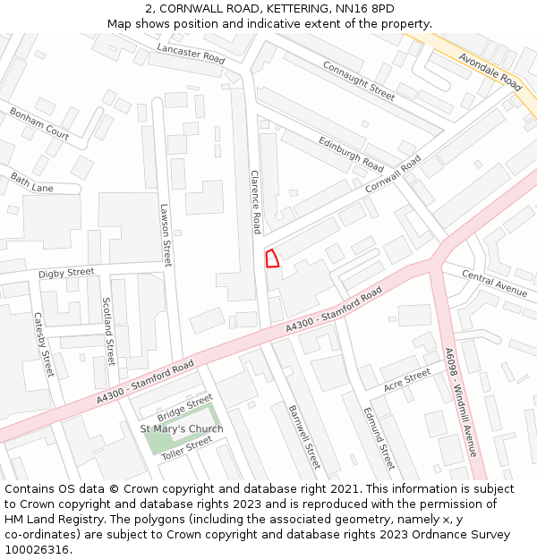 2, CORNWALL ROAD, KETTERING, NN16 8PD: Location map and indicative extent of plot