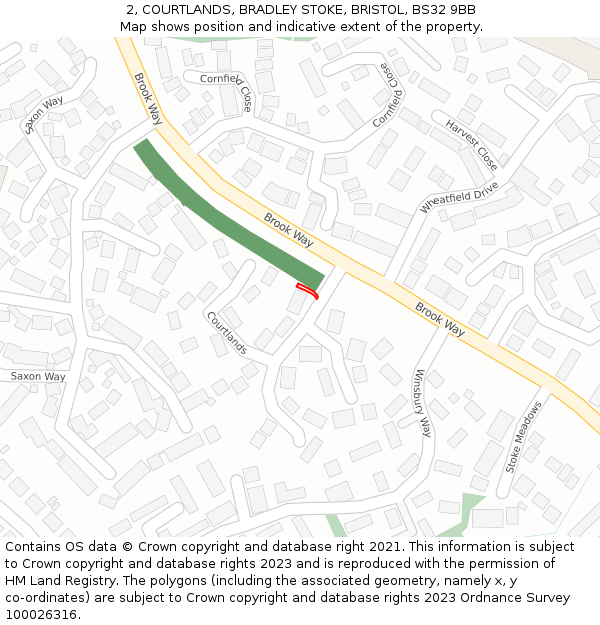 2, COURTLANDS, BRADLEY STOKE, BRISTOL, BS32 9BB: Location map and indicative extent of plot