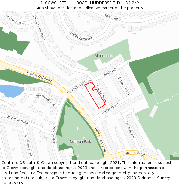 2, COWCLIFFE HILL ROAD, HUDDERSFIELD, HD2 2NY: Location map and indicative extent of plot