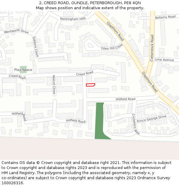 2, CREED ROAD, OUNDLE, PETERBOROUGH, PE8 4QN: Location map and indicative extent of plot