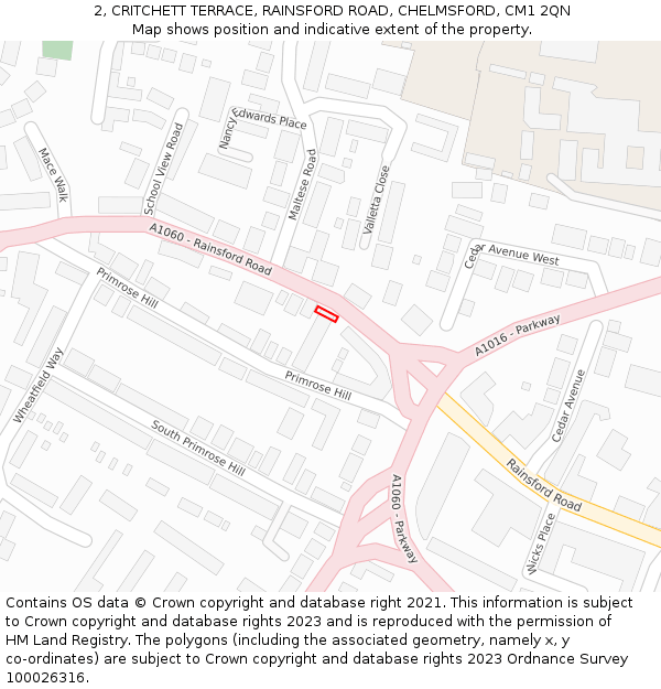 2, CRITCHETT TERRACE, RAINSFORD ROAD, CHELMSFORD, CM1 2QN: Location map and indicative extent of plot