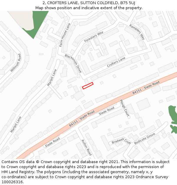 2, CROFTERS LANE, SUTTON COLDFIELD, B75 5UJ: Location map and indicative extent of plot