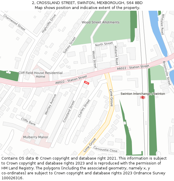 2, CROSSLAND STREET, SWINTON, MEXBOROUGH, S64 8BD: Location map and indicative extent of plot