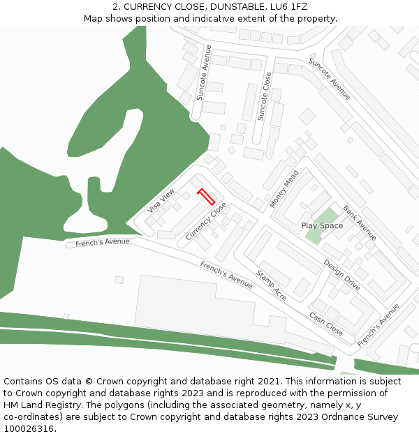 2, CURRENCY CLOSE, DUNSTABLE, LU6 1FZ: Location map and indicative extent of plot