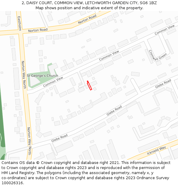 2, DAISY COURT, COMMON VIEW, LETCHWORTH GARDEN CITY, SG6 1BZ: Location map and indicative extent of plot