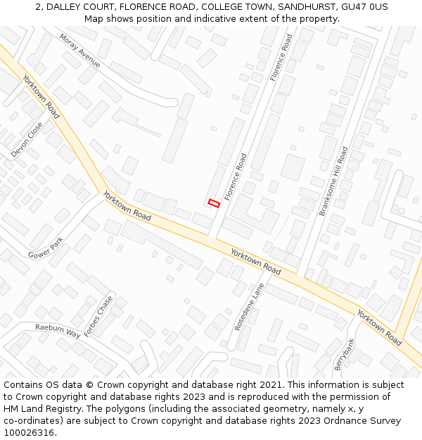 2, DALLEY COURT, FLORENCE ROAD, COLLEGE TOWN, SANDHURST, GU47 0US: Location map and indicative extent of plot