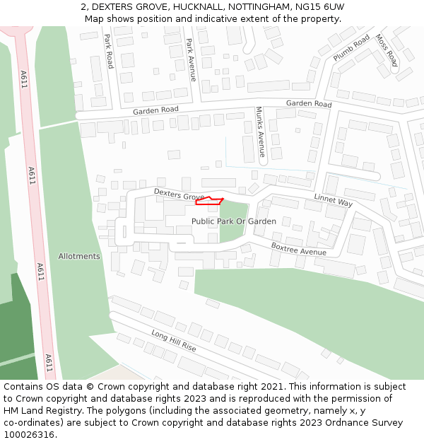 2, DEXTERS GROVE, HUCKNALL, NOTTINGHAM, NG15 6UW: Location map and indicative extent of plot
