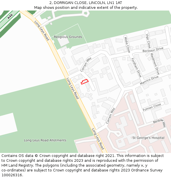 2, DORRIGAN CLOSE, LINCOLN, LN1 1AT: Location map and indicative extent of plot