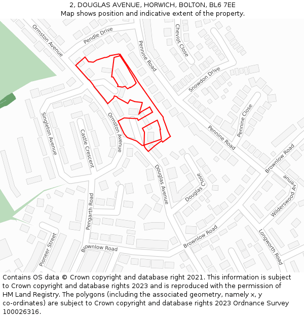 2, DOUGLAS AVENUE, HORWICH, BOLTON, BL6 7EE: Location map and indicative extent of plot