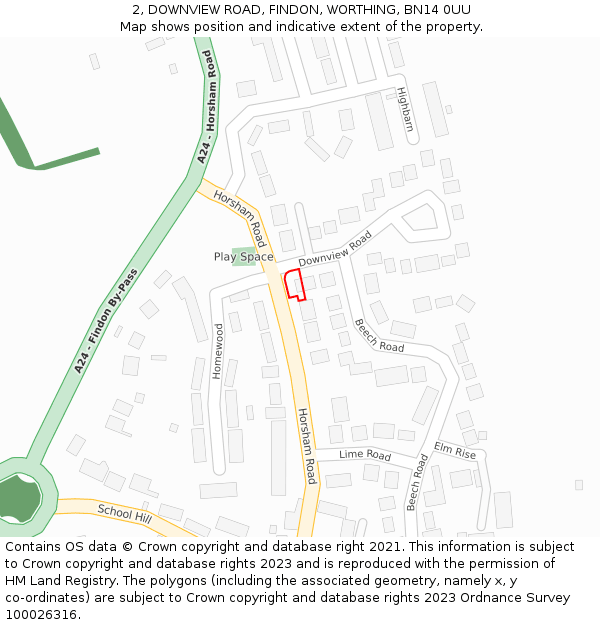 2, DOWNVIEW ROAD, FINDON, WORTHING, BN14 0UU: Location map and indicative extent of plot