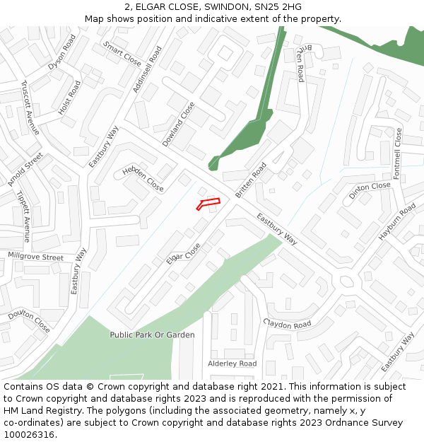 2, ELGAR CLOSE, SWINDON, SN25 2HG: Location map and indicative extent of plot