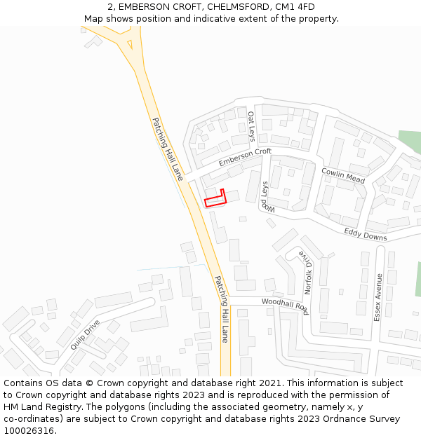 2, EMBERSON CROFT, CHELMSFORD, CM1 4FD: Location map and indicative extent of plot