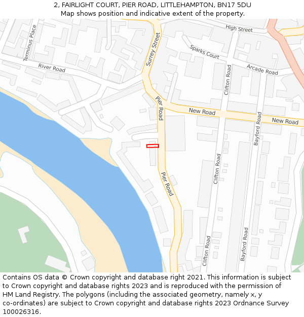 2, FAIRLIGHT COURT, PIER ROAD, LITTLEHAMPTON, BN17 5DU: Location map and indicative extent of plot