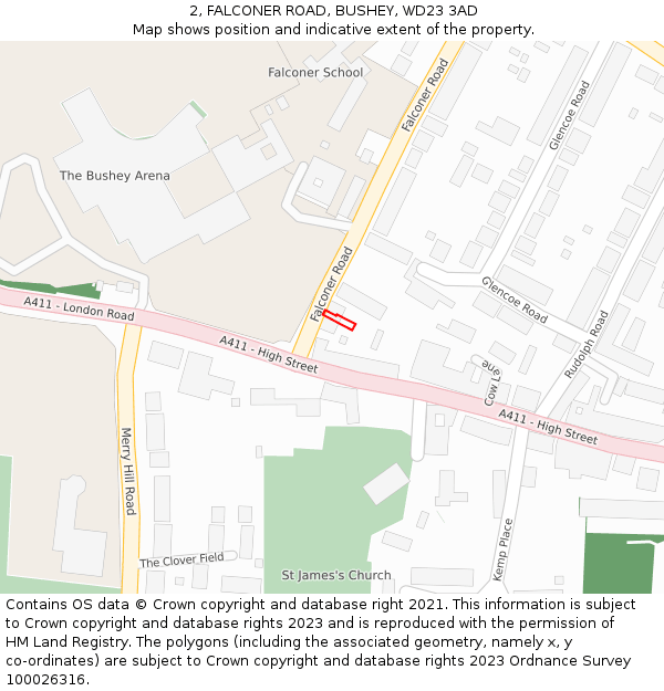 2, FALCONER ROAD, BUSHEY, WD23 3AD: Location map and indicative extent of plot