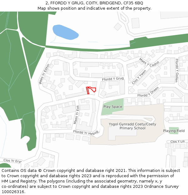 2, FFORDD Y GRUG, COITY, BRIDGEND, CF35 6BQ: Location map and indicative extent of plot