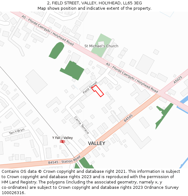 2, FIELD STREET, VALLEY, HOLYHEAD, LL65 3EG: Location map and indicative extent of plot