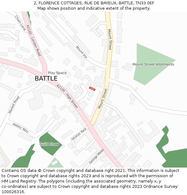 2, FLORENCE COTTAGES, RUE DE BAYEUX, BATTLE, TN33 0EF: Location map and indicative extent of plot