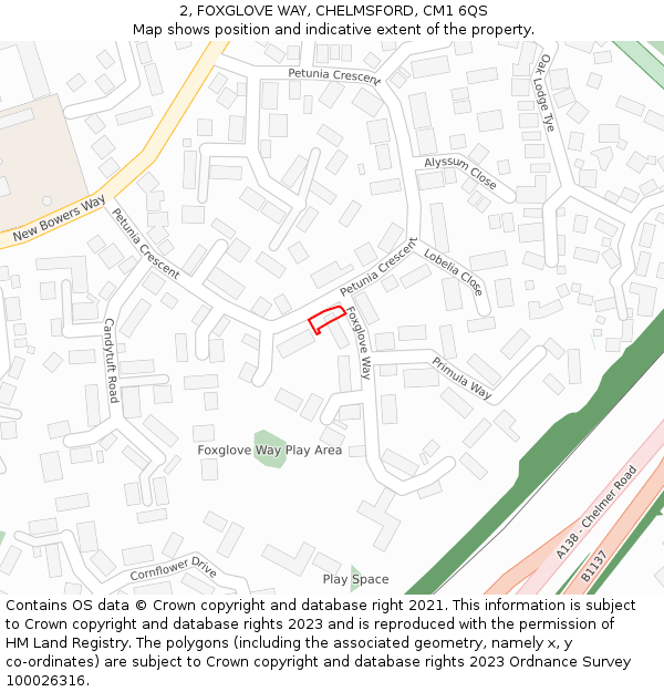 2, FOXGLOVE WAY, CHELMSFORD, CM1 6QS: Location map and indicative extent of plot