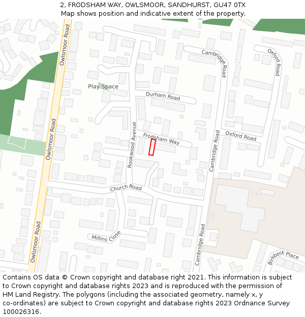 2, FRODSHAM WAY, OWLSMOOR, SANDHURST, GU47 0TX: Location map and indicative extent of plot