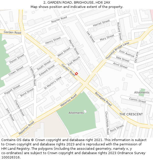 2, GARDEN ROAD, BRIGHOUSE, HD6 2AX: Location map and indicative extent of plot