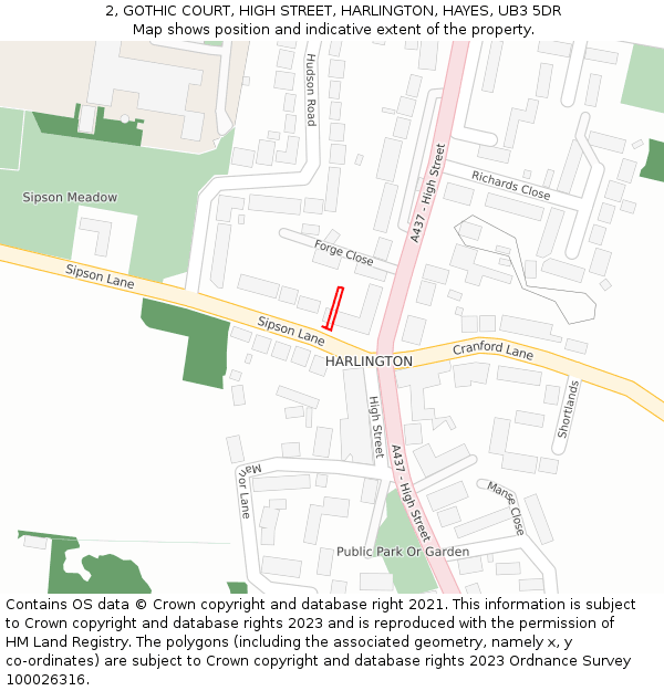 2, GOTHIC COURT, HIGH STREET, HARLINGTON, HAYES, UB3 5DR: Location map and indicative extent of plot