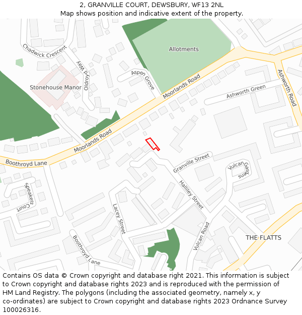 2, GRANVILLE COURT, DEWSBURY, WF13 2NL: Location map and indicative extent of plot
