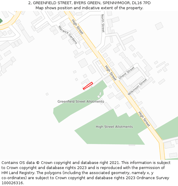 2, GREENFIELD STREET, BYERS GREEN, SPENNYMOOR, DL16 7PD: Location map and indicative extent of plot