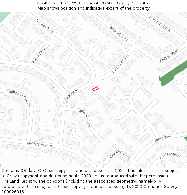 2, GREENFIELDS, 55, GUSSAGE ROAD, POOLE, BH12 4AZ: Location map and indicative extent of plot