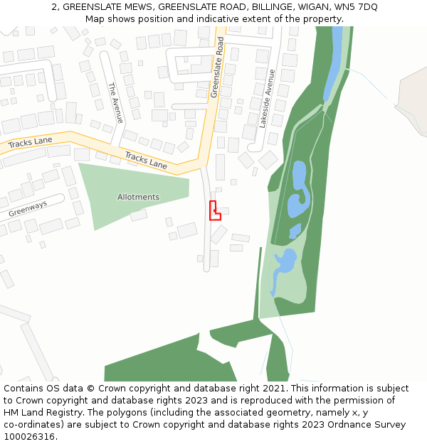 2, GREENSLATE MEWS, GREENSLATE ROAD, BILLINGE, WIGAN, WN5 7DQ: Location map and indicative extent of plot