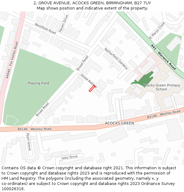 2, GROVE AVENUE, ACOCKS GREEN, BIRMINGHAM, B27 7UY: Location map and indicative extent of plot