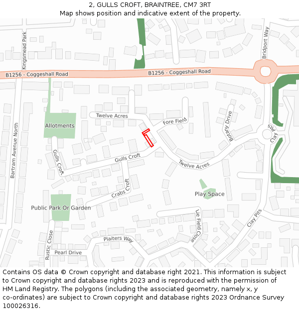 2, GULLS CROFT, BRAINTREE, CM7 3RT: Location map and indicative extent of plot