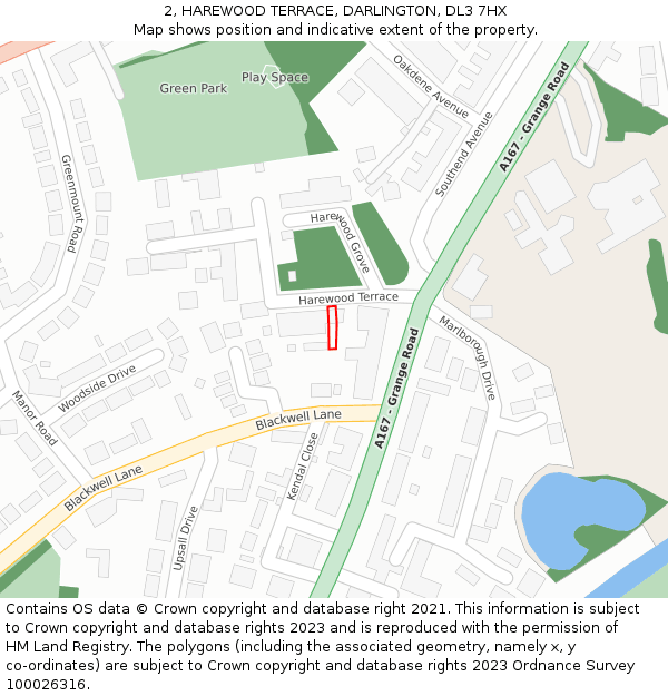 2, HAREWOOD TERRACE, DARLINGTON, DL3 7HX: Location map and indicative extent of plot