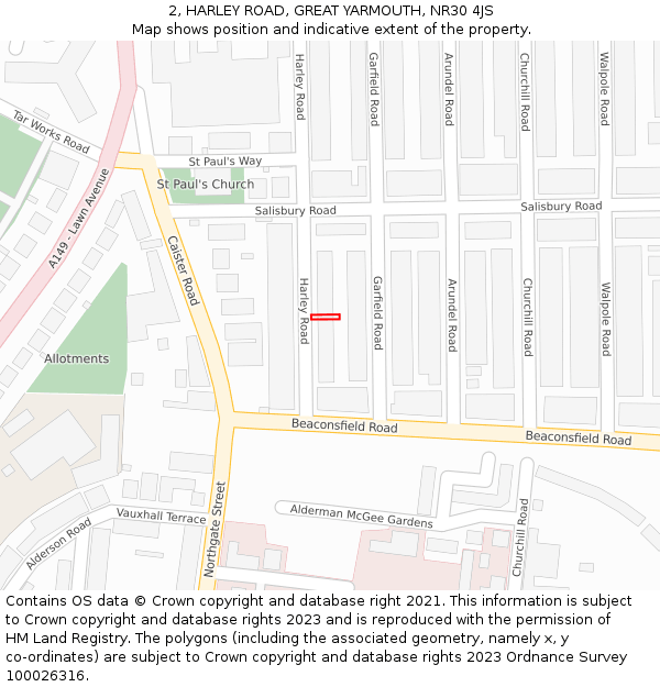2, HARLEY ROAD, GREAT YARMOUTH, NR30 4JS: Location map and indicative extent of plot