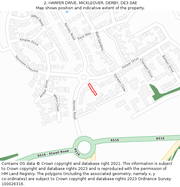 2, HARPER DRIVE, MICKLEOVER, DERBY, DE3 0AE: Location map and indicative extent of plot