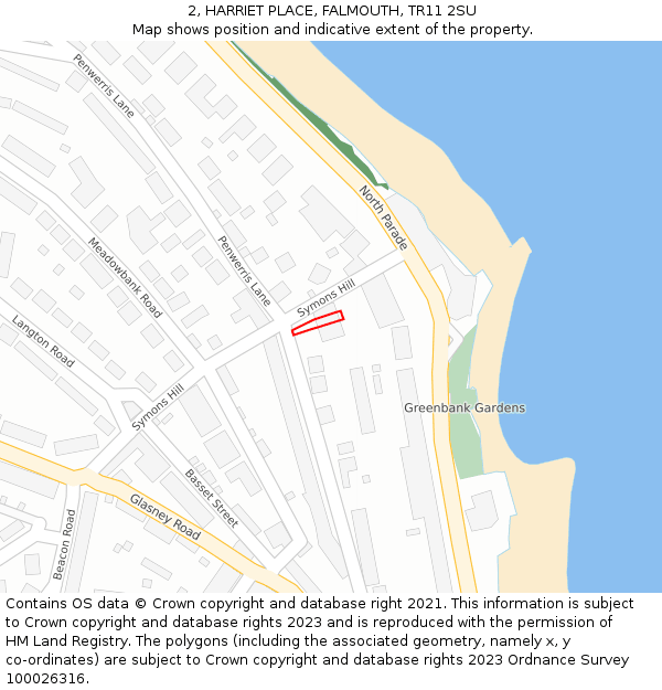 2, HARRIET PLACE, FALMOUTH, TR11 2SU: Location map and indicative extent of plot
