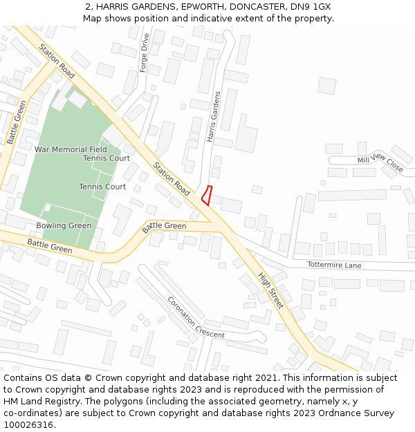 2, HARRIS GARDENS, EPWORTH, DONCASTER, DN9 1GX: Location map and indicative extent of plot