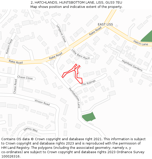 2, HATCHLANDS, HUNTSBOTTOM LANE, LISS, GU33 7EU: Location map and indicative extent of plot