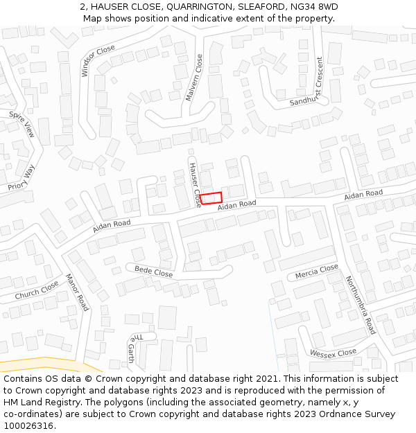 2, HAUSER CLOSE, QUARRINGTON, SLEAFORD, NG34 8WD: Location map and indicative extent of plot