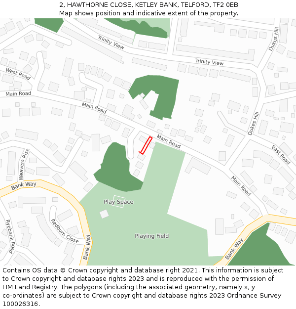 2, HAWTHORNE CLOSE, KETLEY BANK, TELFORD, TF2 0EB: Location map and indicative extent of plot