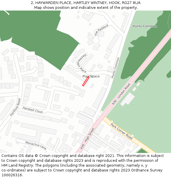 2, HAYWARDEN PLACE, HARTLEY WINTNEY, HOOK, RG27 8UA: Location map and indicative extent of plot