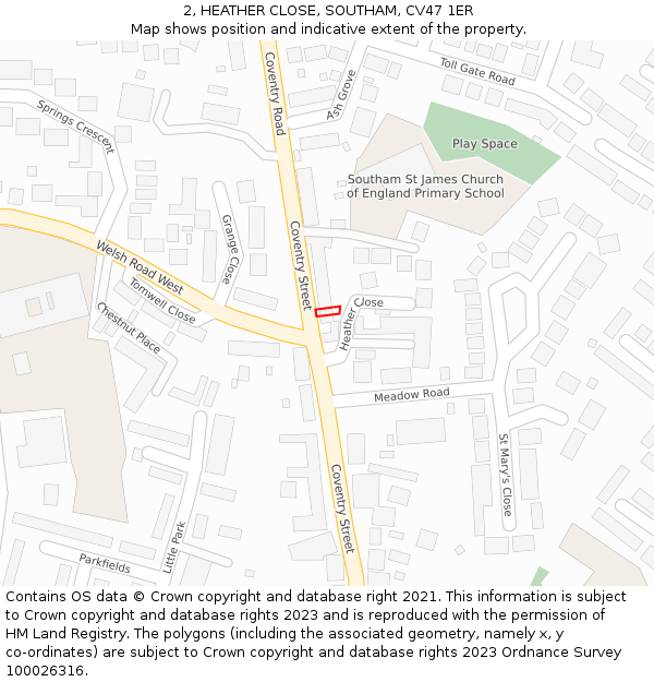 2, HEATHER CLOSE, SOUTHAM, CV47 1ER: Location map and indicative extent of plot