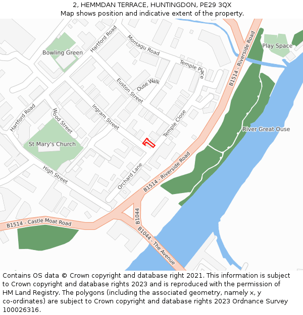 2, HEMMDAN TERRACE, HUNTINGDON, PE29 3QX: Location map and indicative extent of plot