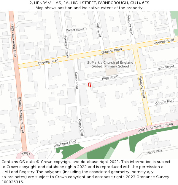 2, HENRY VILLAS, 1A, HIGH STREET, FARNBOROUGH, GU14 6ES: Location map and indicative extent of plot