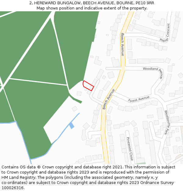 2, HEREWARD BUNGALOW, BEECH AVENUE, BOURNE, PE10 9RR: Location map and indicative extent of plot