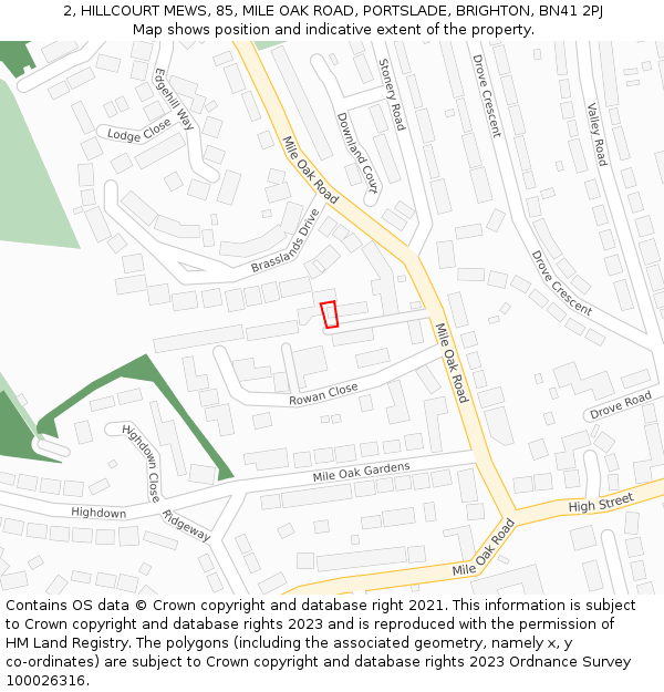 2, HILLCOURT MEWS, 85, MILE OAK ROAD, PORTSLADE, BRIGHTON, BN41 2PJ: Location map and indicative extent of plot