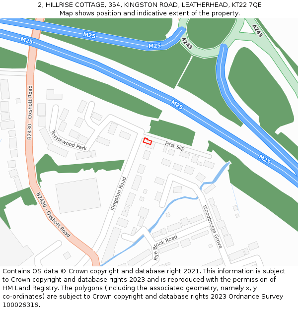 2, HILLRISE COTTAGE, 354, KINGSTON ROAD, LEATHERHEAD, KT22 7QE: Location map and indicative extent of plot
