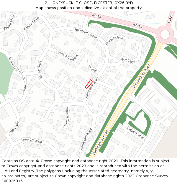 2, HONEYSUCKLE CLOSE, BICESTER, OX26 3YD: Location map and indicative extent of plot