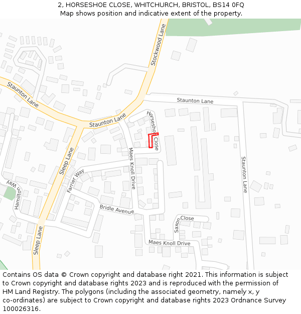 2, HORSESHOE CLOSE, WHITCHURCH, BRISTOL, BS14 0FQ: Location map and indicative extent of plot